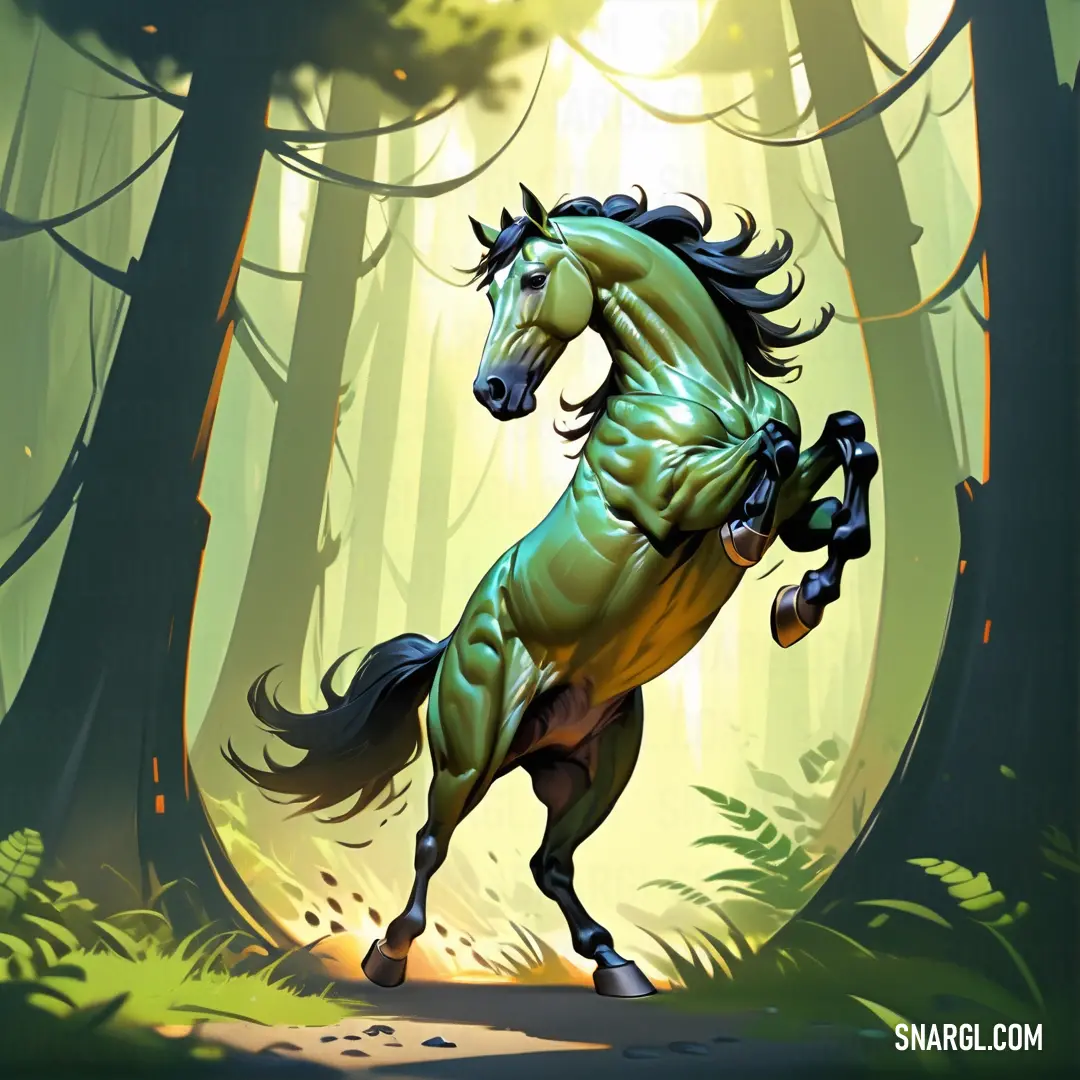 Horse is running through a forest with trees in the background