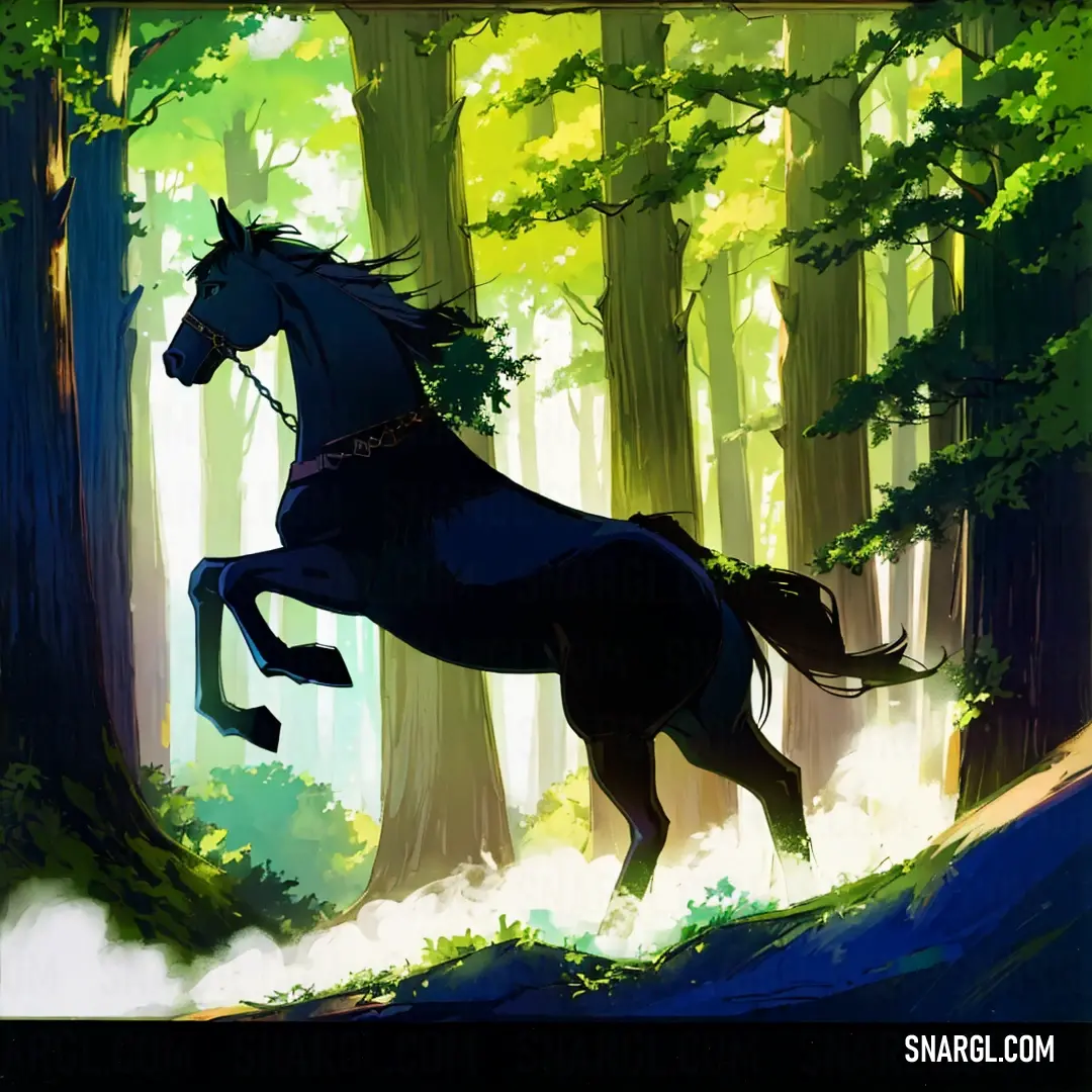 Horse is running through a forest with trees in the background