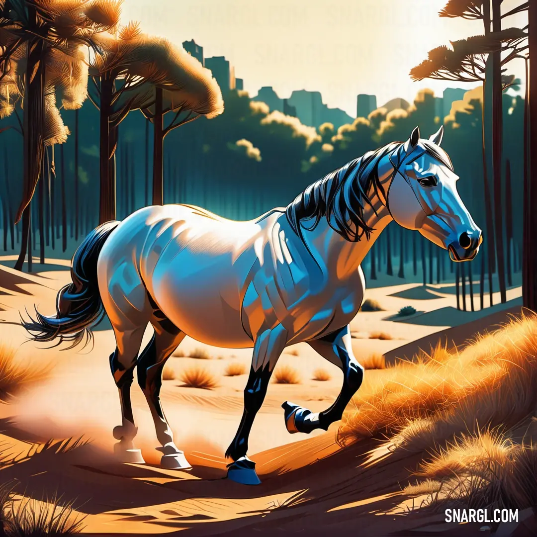 Horse is running through a wooded area with trees and bushes in the background
