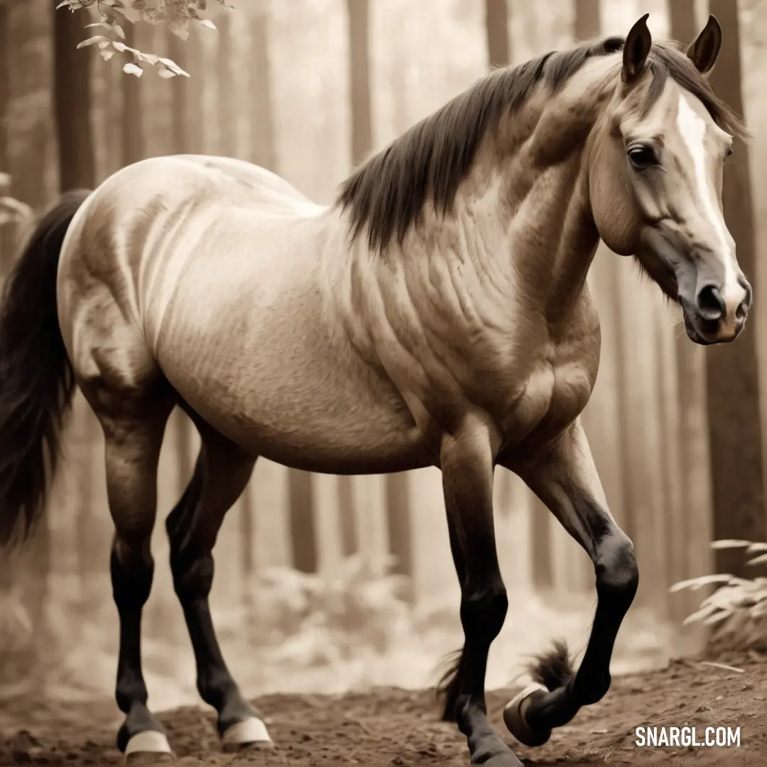 Horse is running in the woods near trees and leaves, with a blurry background