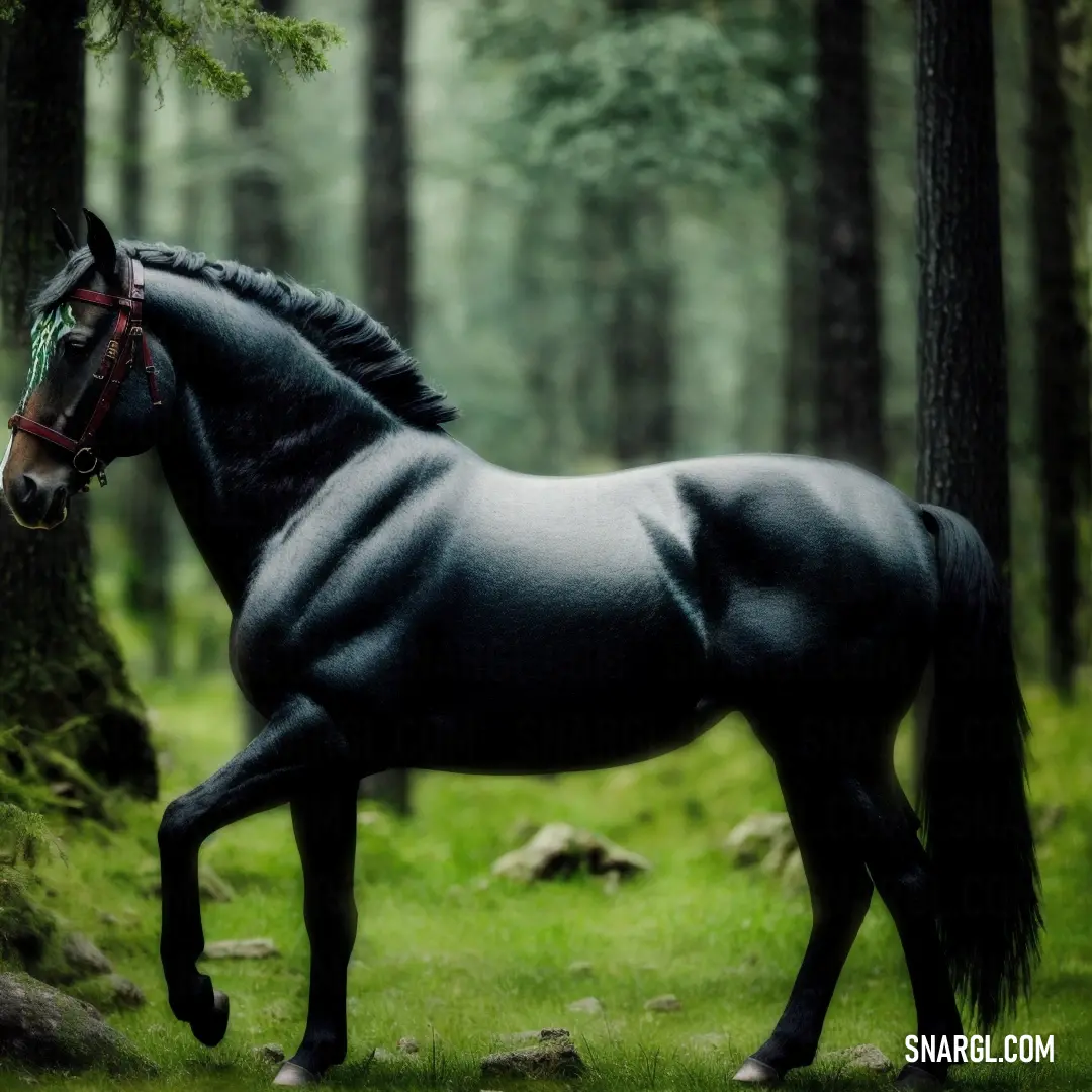 Horse is standing in the middle of a forest with trees in the background