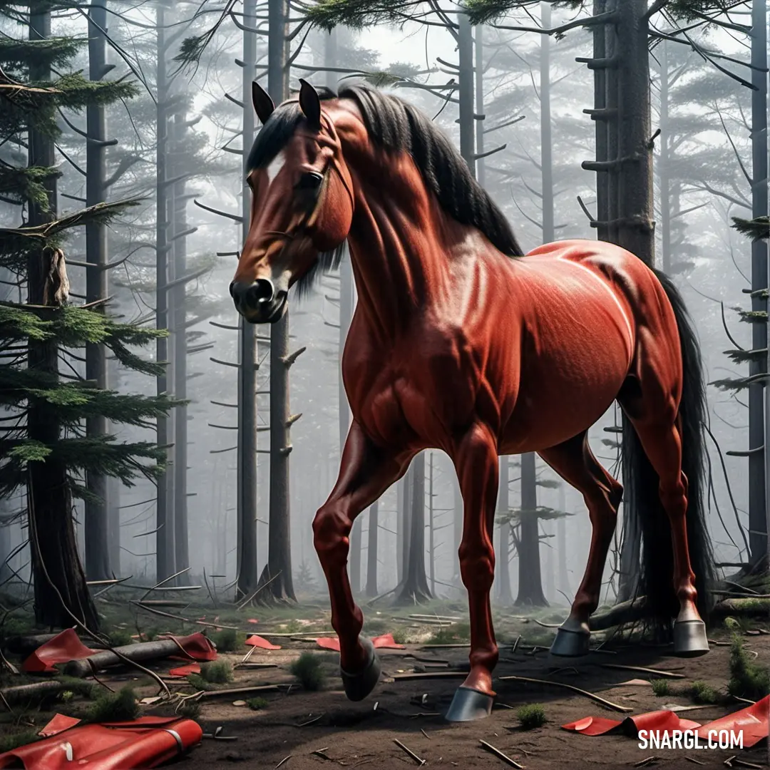 Horse is standing in the middle of a forest with trees and red ribbons on the ground