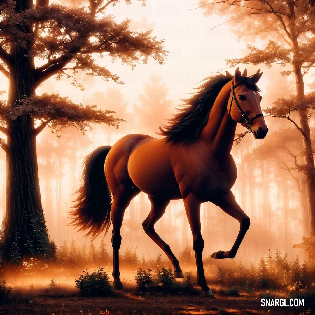 Horse running through a forest with trees in the background
