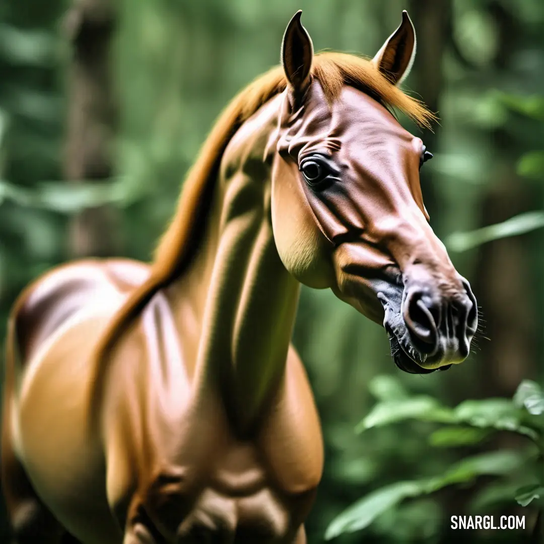 Horse standing in a forest with trees in the background