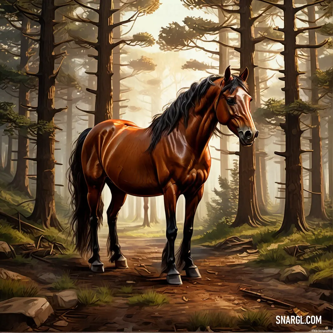 Horse standing in the middle of a forest with trees and rocks on the ground and a path leading to it