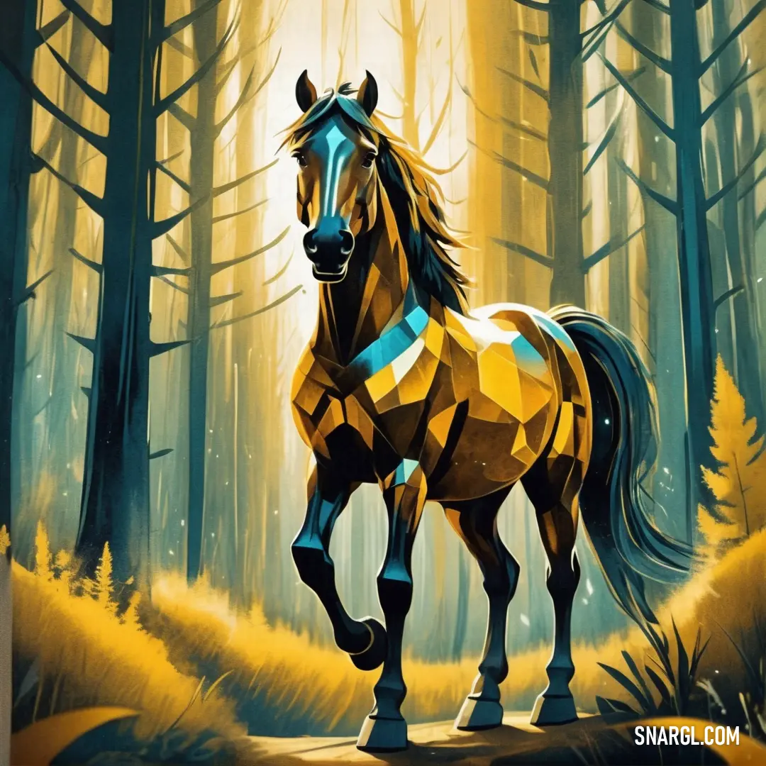 Horse that is standing in the grass near trees and grass with a forest background