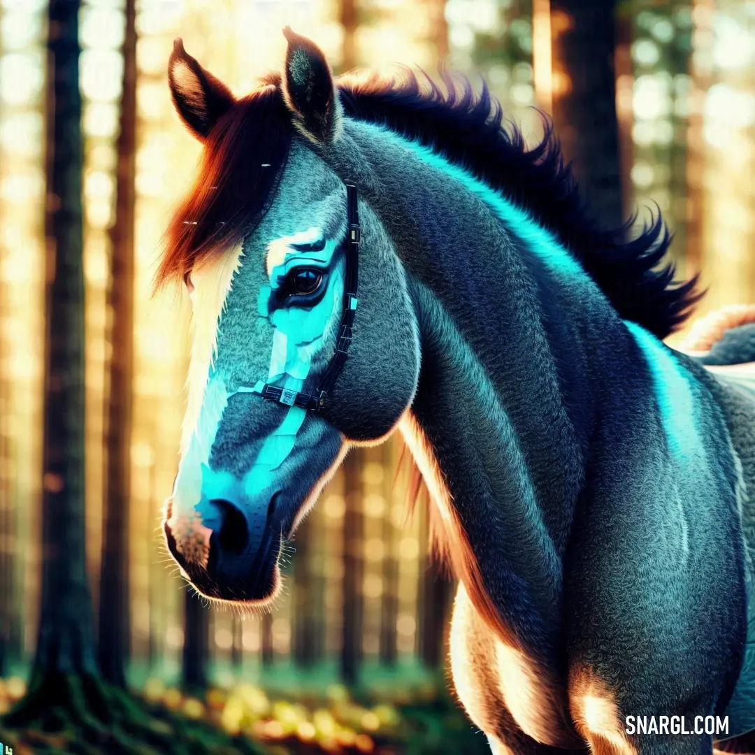 Horse with a blue face standing in a forest with trees in the background