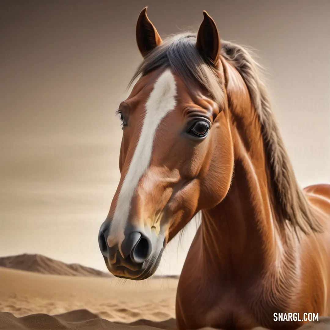 Horse with a white stripe on its face and a brown and white mane standing in the sand dunes