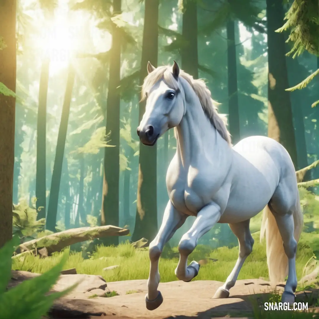 White horse running through a forest with trees and grass in the background