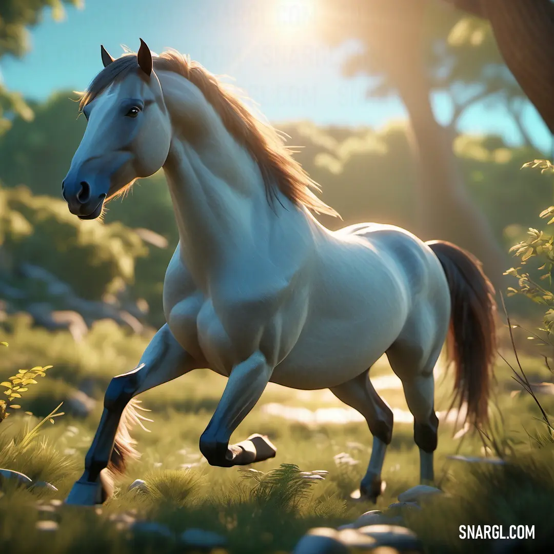 White horse running through a lush green forest area with rocks and trees in the background