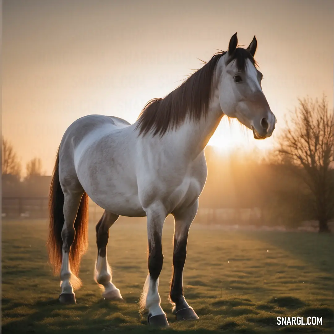 White horse standing in a field at sunset or dawn with the sun behind it and trees in the distance