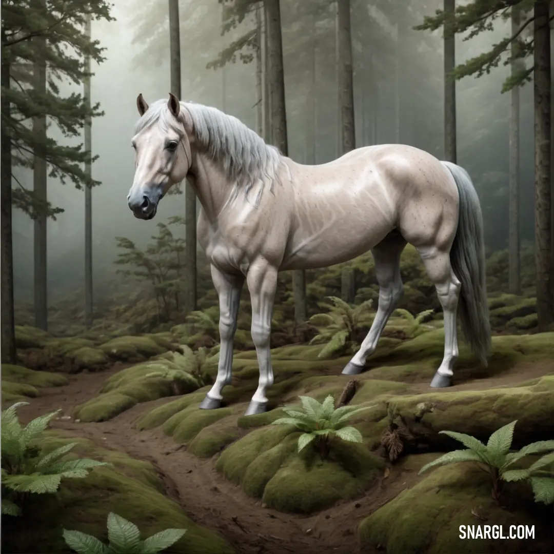 White horse standing in a forest with green grass and trees in the background