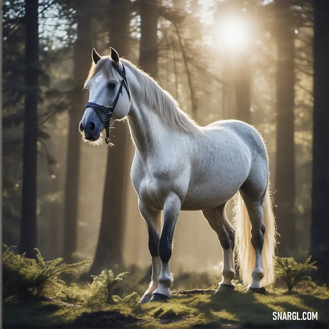 White horse standing in a forest with the sun shining through the trees behind it
