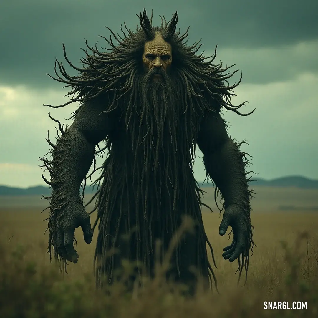 Gentle Forest King with flowing hair and beard stands in a serene field, framed by mountains and the vast sky, embodying nature's tranquility. A wise and gentle Forest King, adorned with a long beard and flowing hair, stands gracefully in a grassy field, mountains stretching majestically in the distance beneath a vast, blue sky.