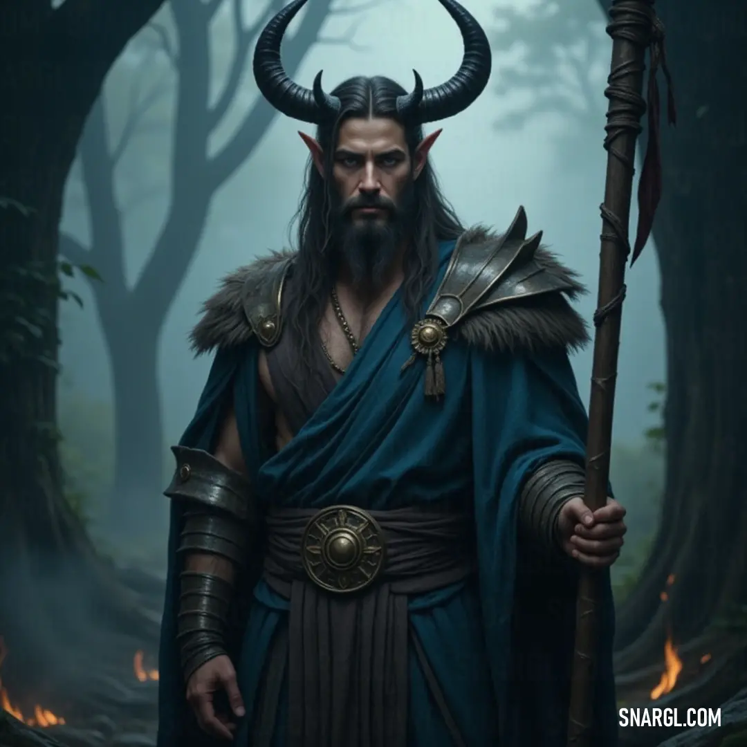 A Forest Priest, horns curving from his head and a staff in hand, stands resolute amidst the flames and dense forest, his figure imposing against the fiery backdrop. A Forest Priest, with horns and a beard, grips a staff tightly in one hand as fiery flames blaze behind him, his intense presence felt within the depths of the forest.