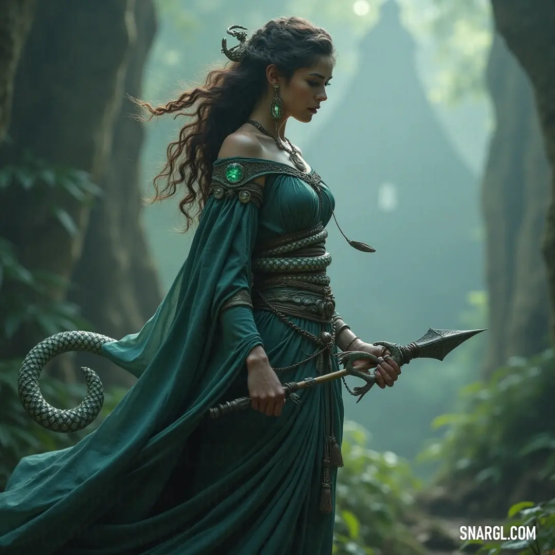 The Forest Seer, dressed in green, grasps her sword firmly, exuding an aura of wisdom and connection with the trees that surround her in this serene woodland setting. In the heart of the forest, a wise Forest Seer stands resolutely in a flowing green dress, wielding a sword, as an aura of ancient knowledge envelops her amid the lush greenery and whispering trees.