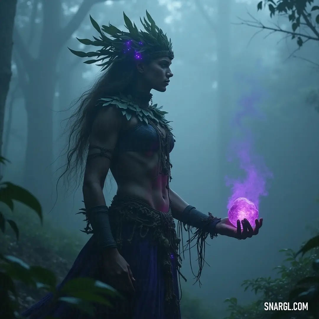 The Forest Shaman, dressed in intricately detailed attire, holds a glowing purple orb in a foggy woodland, evoking a sense of mystique and connection to the natural realm. In a mystical forest shrouded in fog, a Forest Shaman, adorned in elaborate costume, clutches a shimmering purple ball, harmonizing with the mysterious atmosphere created by the towering trees around him.