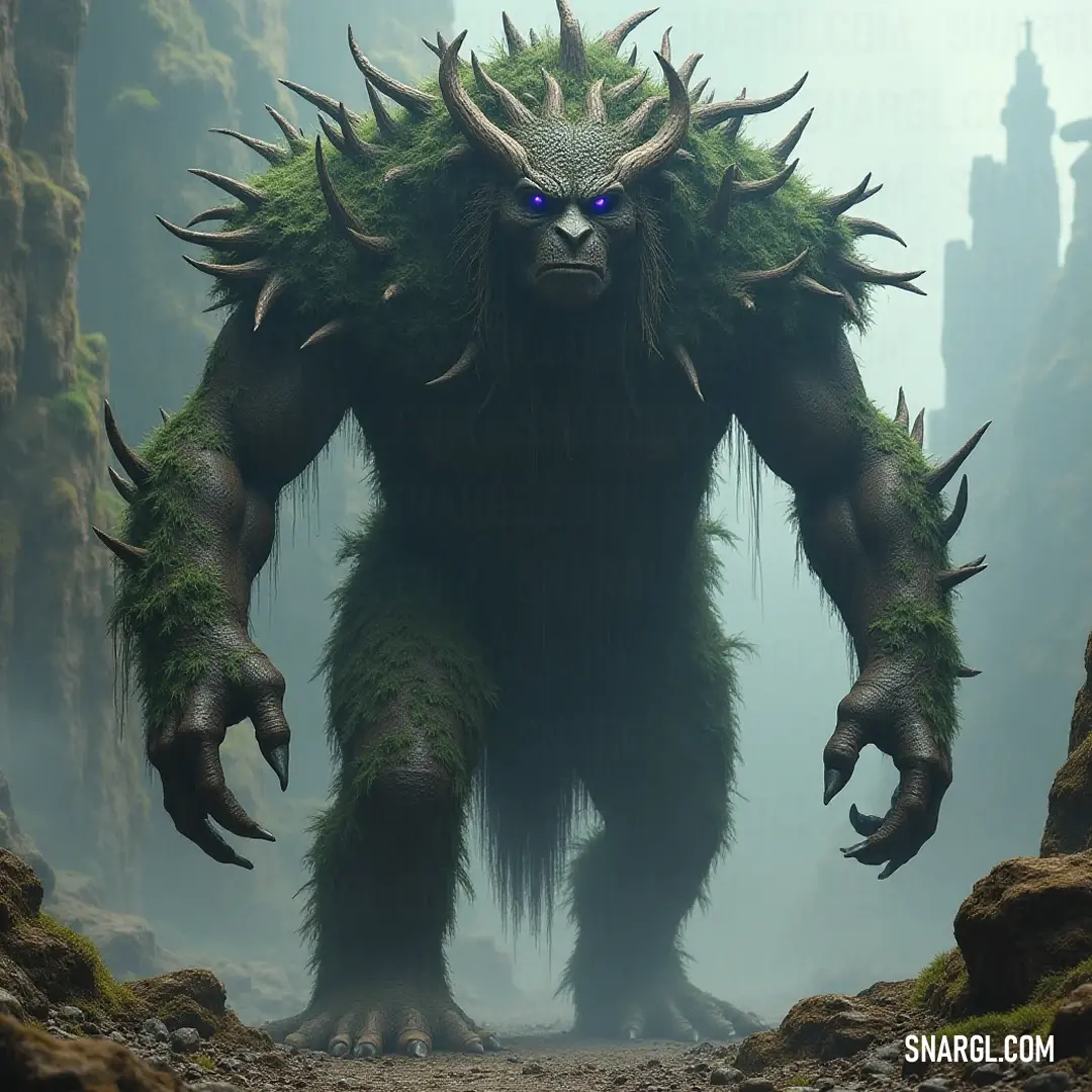The awe-inspiring Forest Titan, adorned with majestic horns and huge observant eyes, reigns over a lush forest, embodying the spirit of nature and protecting the sacred trails that wind through this mystical realm. A colossal Forest Titan looms in a verdant forest, with magnificent horns and enormous, perceptive eyes. Surrounded by vibrant flora, he appears as both a protector and a fierce guardian of the ancient paths winding through the trees.