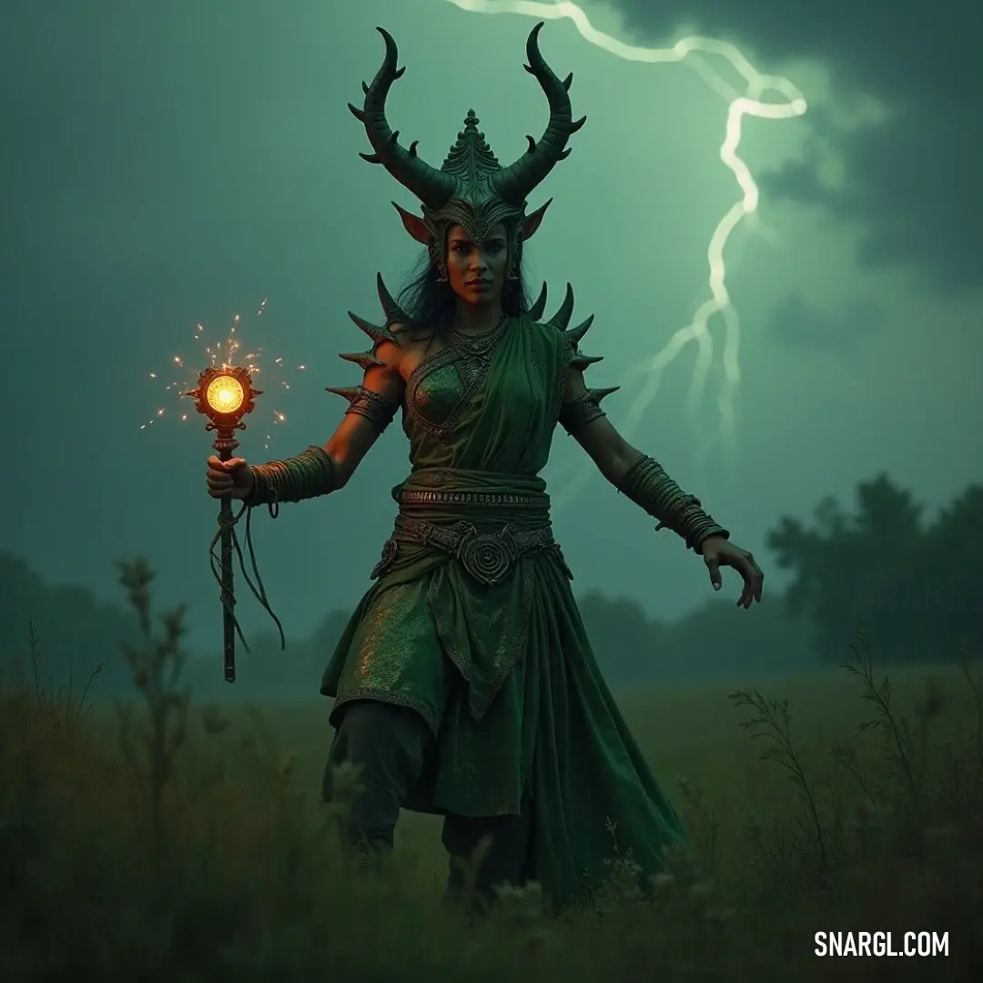 The ethereal Forest Watcher, clad in vibrant emerald green, shines a light with her torch while gently cradling an orb of magic, illuminated by fierce lightning in the stormy sky. The enigmatic Forest Watcher, dressed in flowing green garments, holds a lit torch that casts a warm glow while a mysterious, shimmering orb hovers in her grasp, all set against a backdrop of fierce lightning illuminating the swirling clouds above.