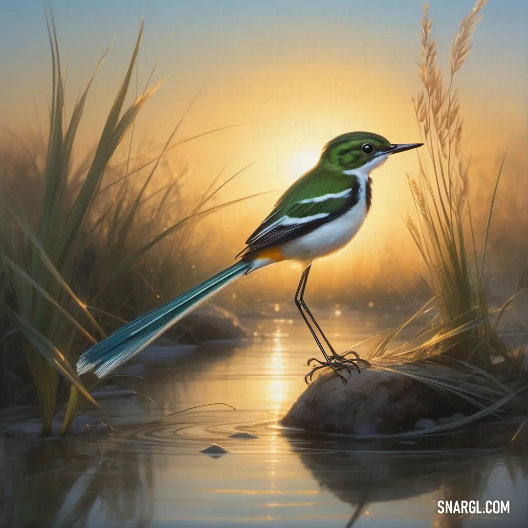 Forktail standing on a rock in a pond at sunset with the sun shining behind it and grass in the foreground