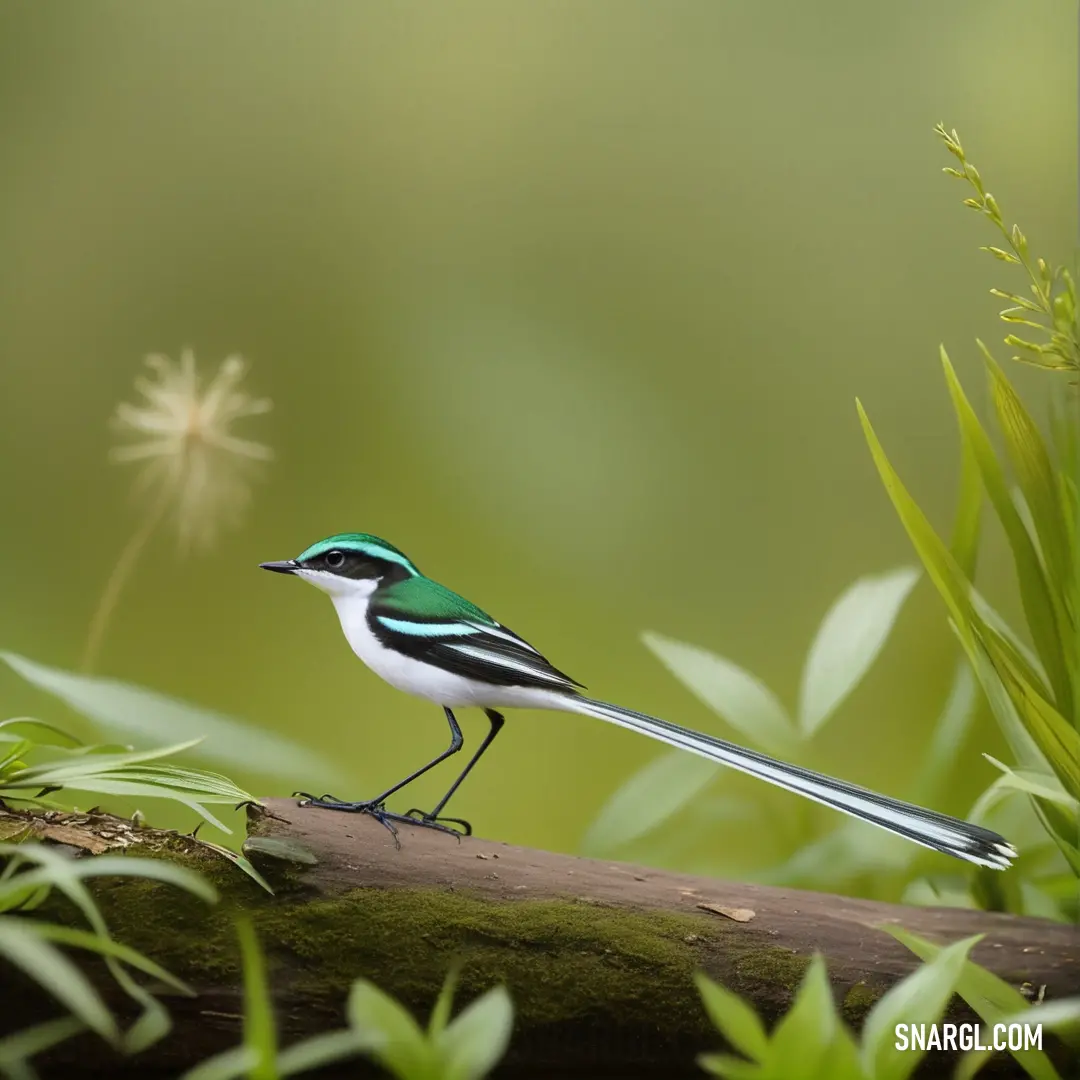 Forktail with a green and white tail is on a branch in the grass and looking at the camera