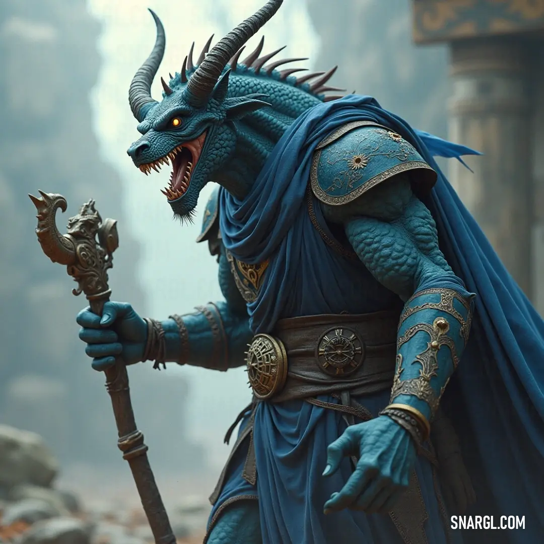 Blue Forneus, regal and wise, reveals his authority through his commanding presence and the staff he wields, set against a backdrop that suggests a world of magic. A powerful image of Blue Forneus, adorned in a majestic blue cape and crowned with horns, confidently holds a staff, representing authority and wisdom while exuding an aura of mystique that commands attention in any realm.