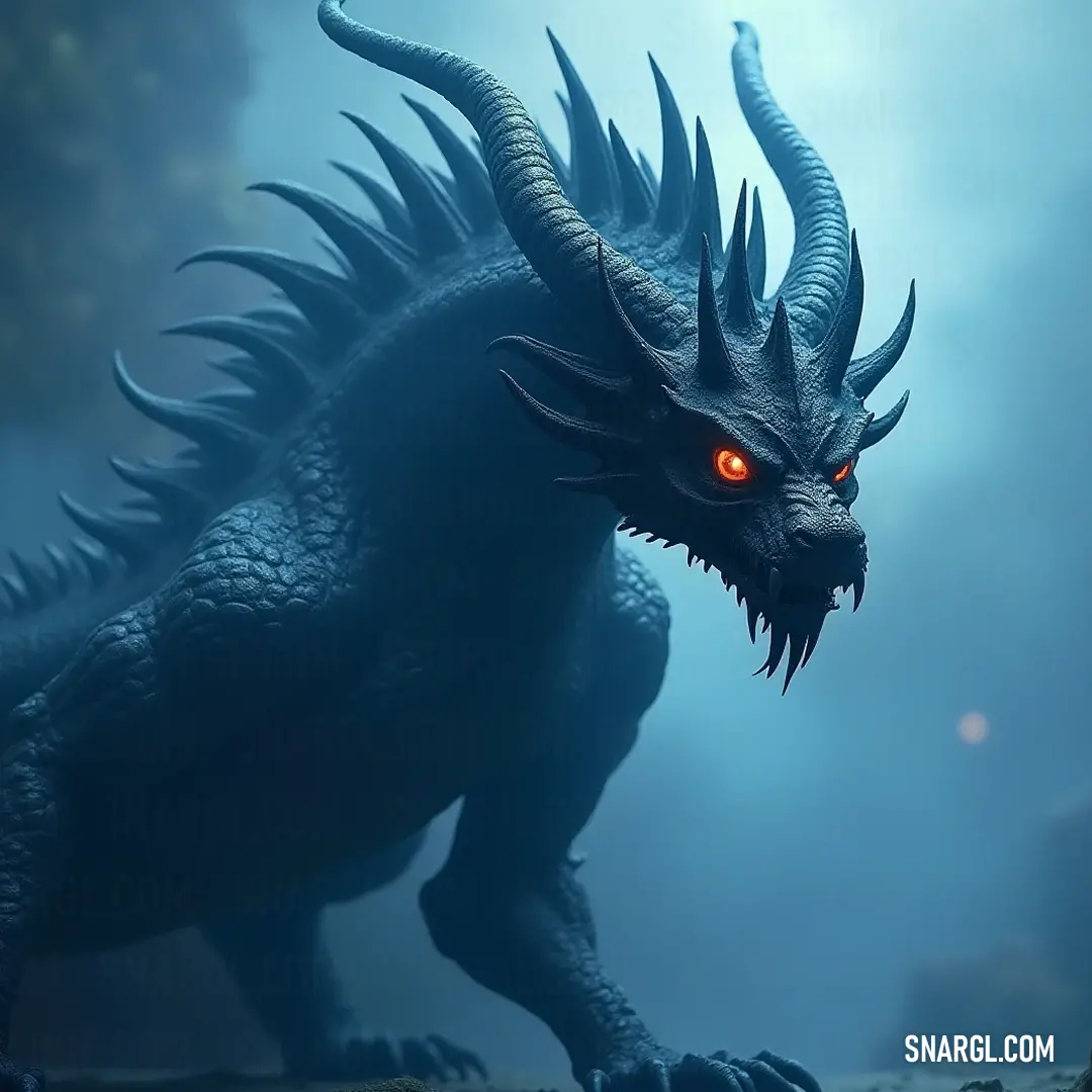 Black Forneus, with sharp teeth and glowing red eyes, stands defiantly in a shrouded sky of fog. It exudes an aura of danger and intimidation, poised between realms both known and unknown.