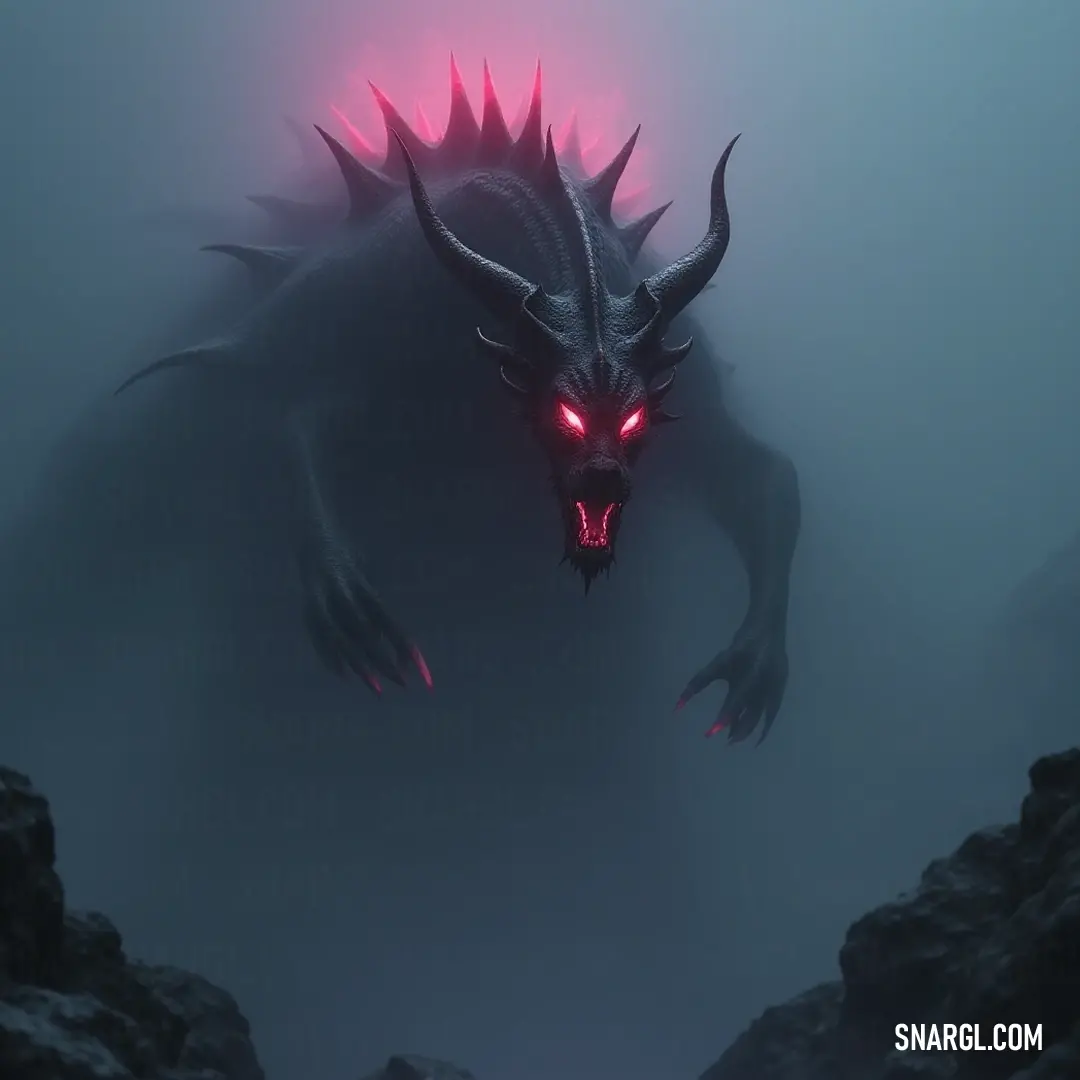 Demonic Forneus with fierce red eyes and gleaming teeth amidst a foggy, rocky landscape. Emerging from a mysterious landscape, Demonic Forneus displays glowing red eyes and sharp teeth, its fierce demeanor amplified by the eerie fog wrapping around rocks and boulders that symbolize hidden secrets.