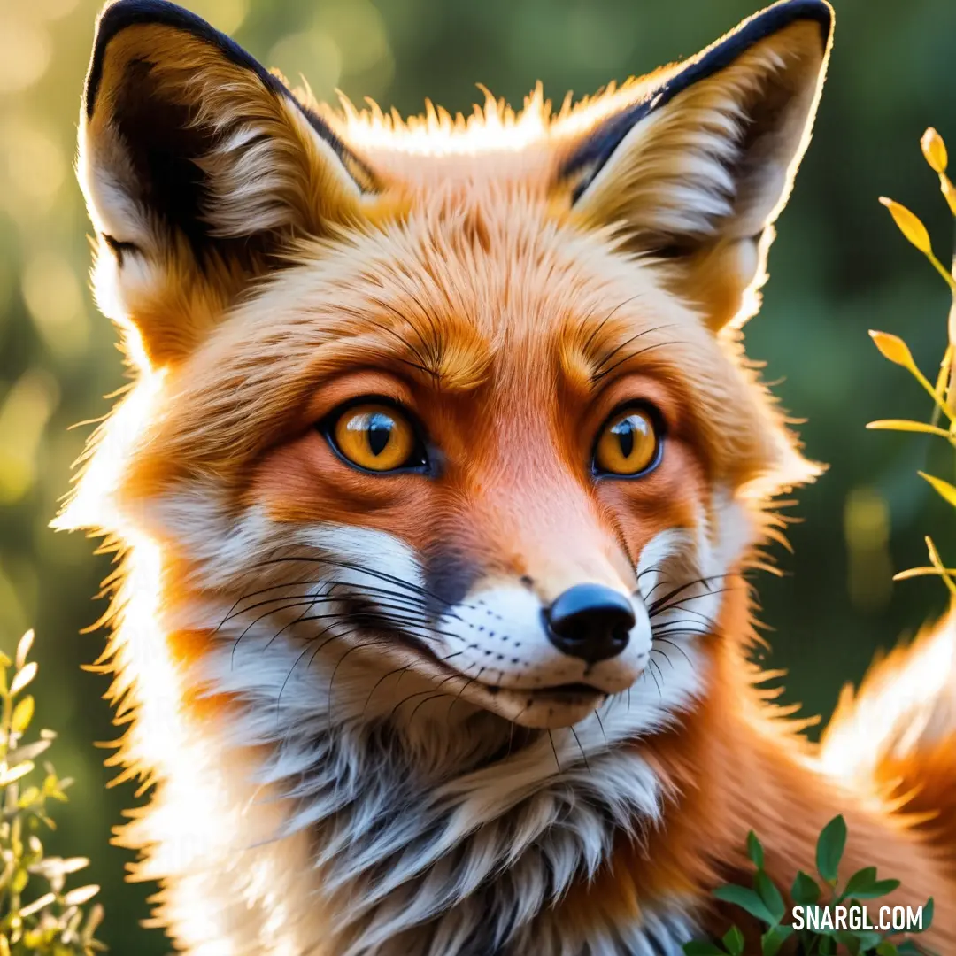 Close up of a fox with a bush in the background