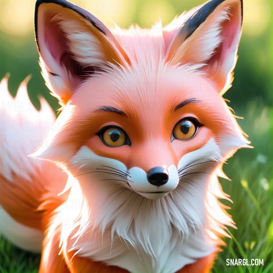 Close up of a toy fox on a grass field with trees in the background