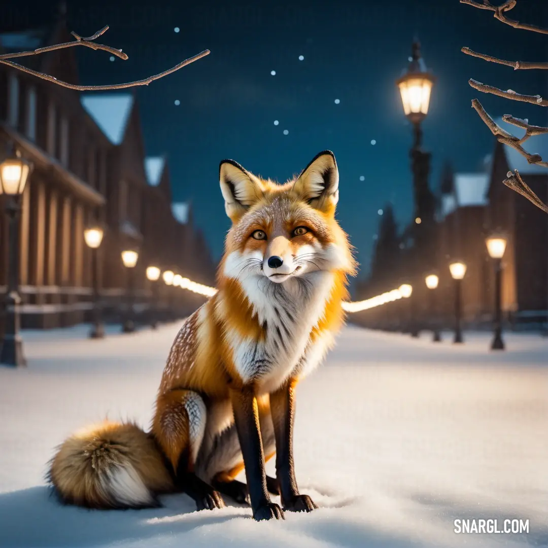 Fox in the snow in front of a street light at night with a snowy background