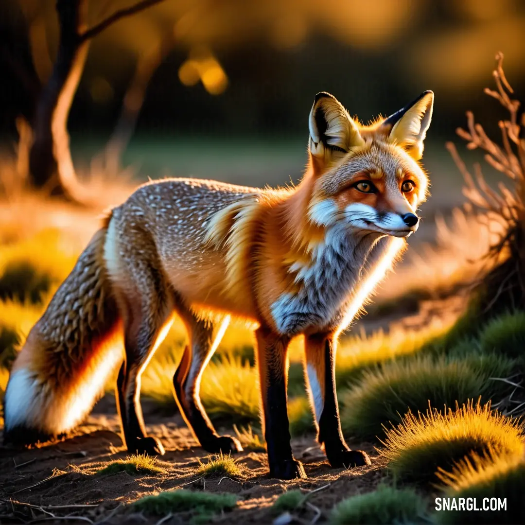 Fox standing in the grass near a tree and bushes at sunset or dawn with a blurry background