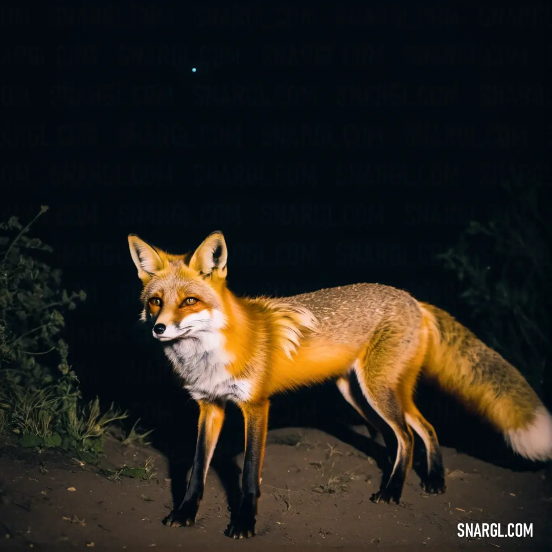 Fox standing on a dirt ground at night with a full moon in the background