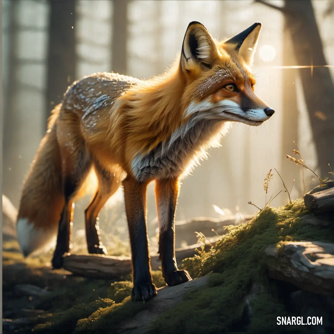 Fox standing on a moss covered rock in the woods with a beam of light shining through its eyes