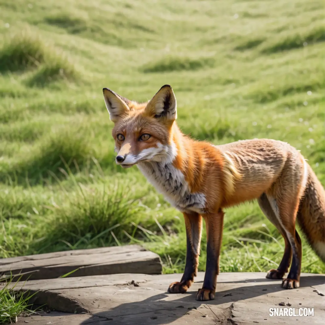 Fox standing on a rock in a field of grass and grass behind it is a rock platform with a small Fox standing on it