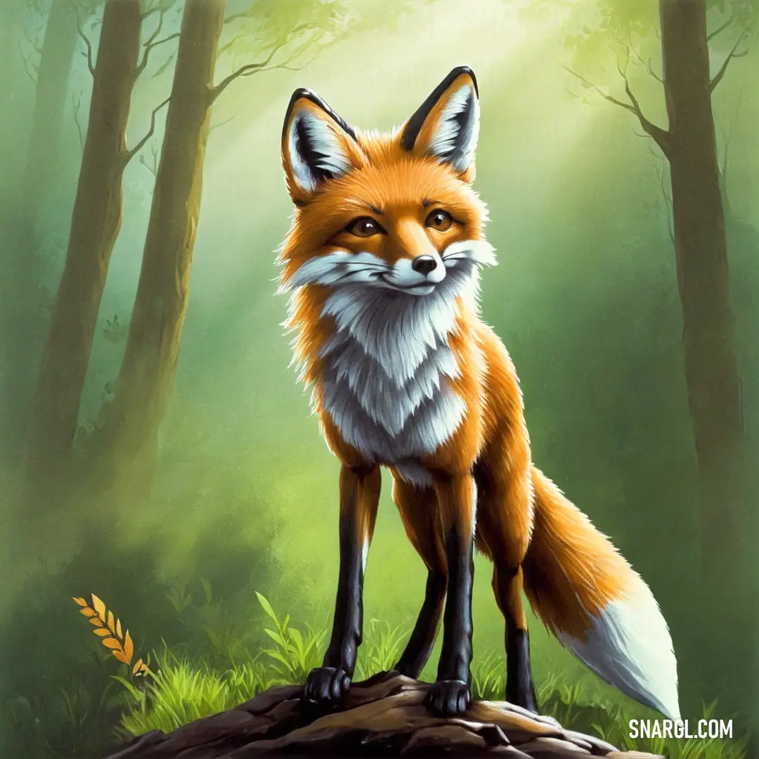 Painting of a fox standing on a rock in a forest with a butterfly flying by it's side