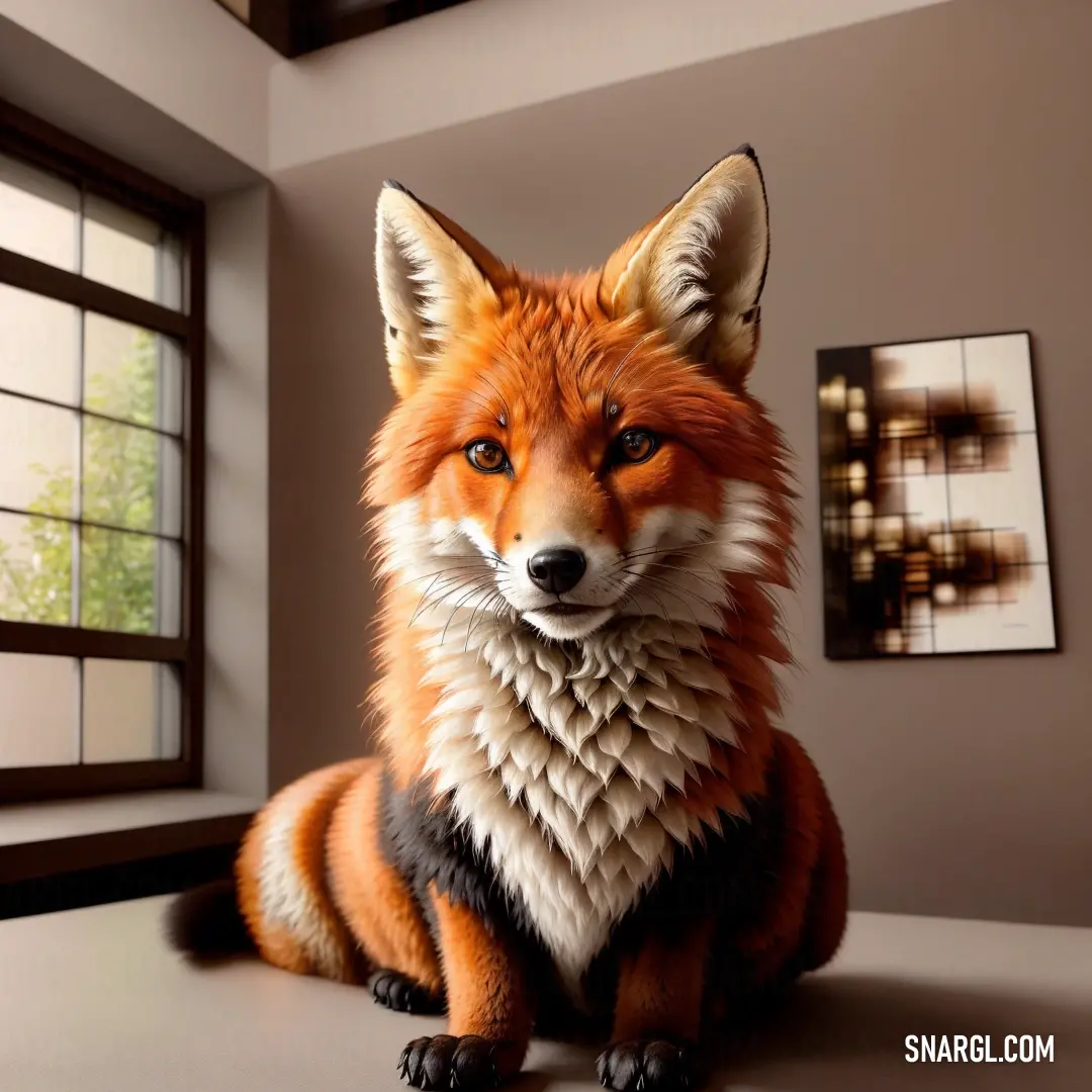 Red fox on top of a table next to a window with a picture of a tree in the background