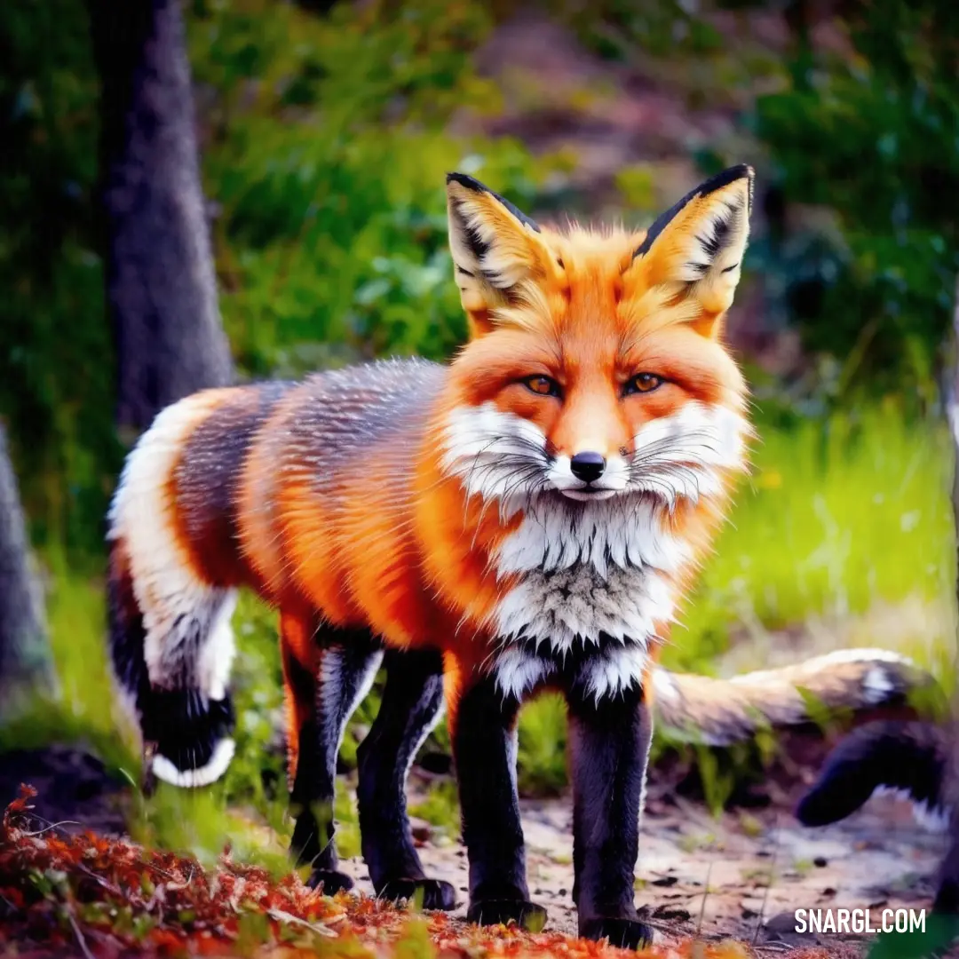 Red fox standing in the woods looking at the camera with a sad look on its face and eyes
