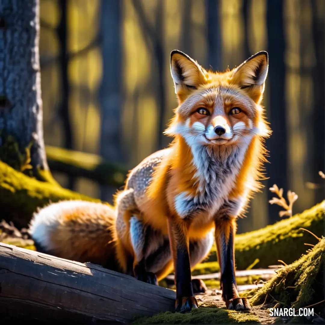 Red fox standing in the woods looking at the camera with a sad look on its face and eyes