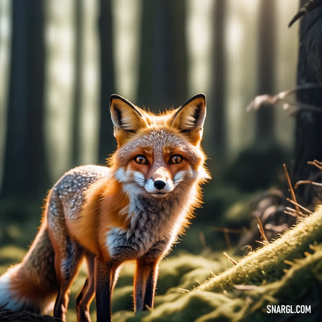Red fox standing in a forest looking at the camera with a blurry background