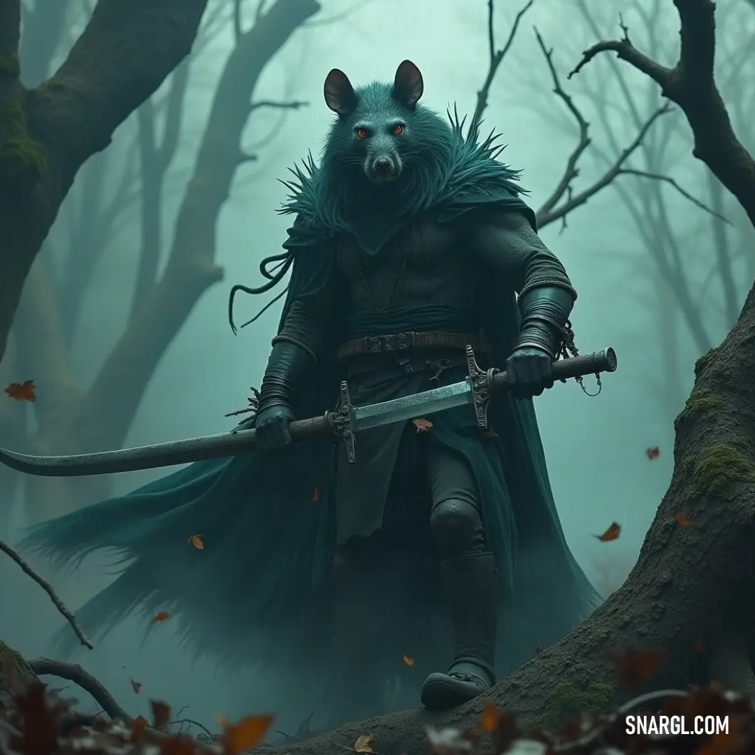 In the heart of the forest, a warrior masked as a wolf stands ready, sword in hand, his presence blending with the wilderness around him. A mysterious figure stands in a dense forest, wielding a sword, with a fierce wolf mask covering his face, blending seamlessly into the shadows.