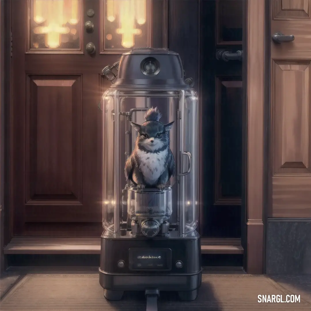 A curious cat sits in a glass case on a stand, bathed in soft light with a door in the background. The scene is filled with intriguing contrasts, with the cat at the center of the attention.