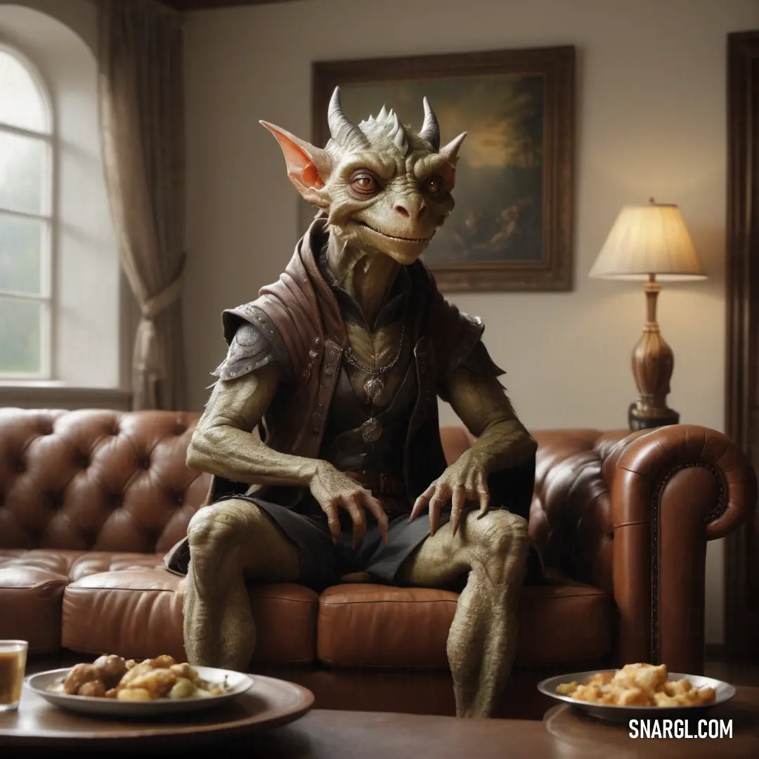 Creature on a couch with a plate of food on the table next to it and a lamp