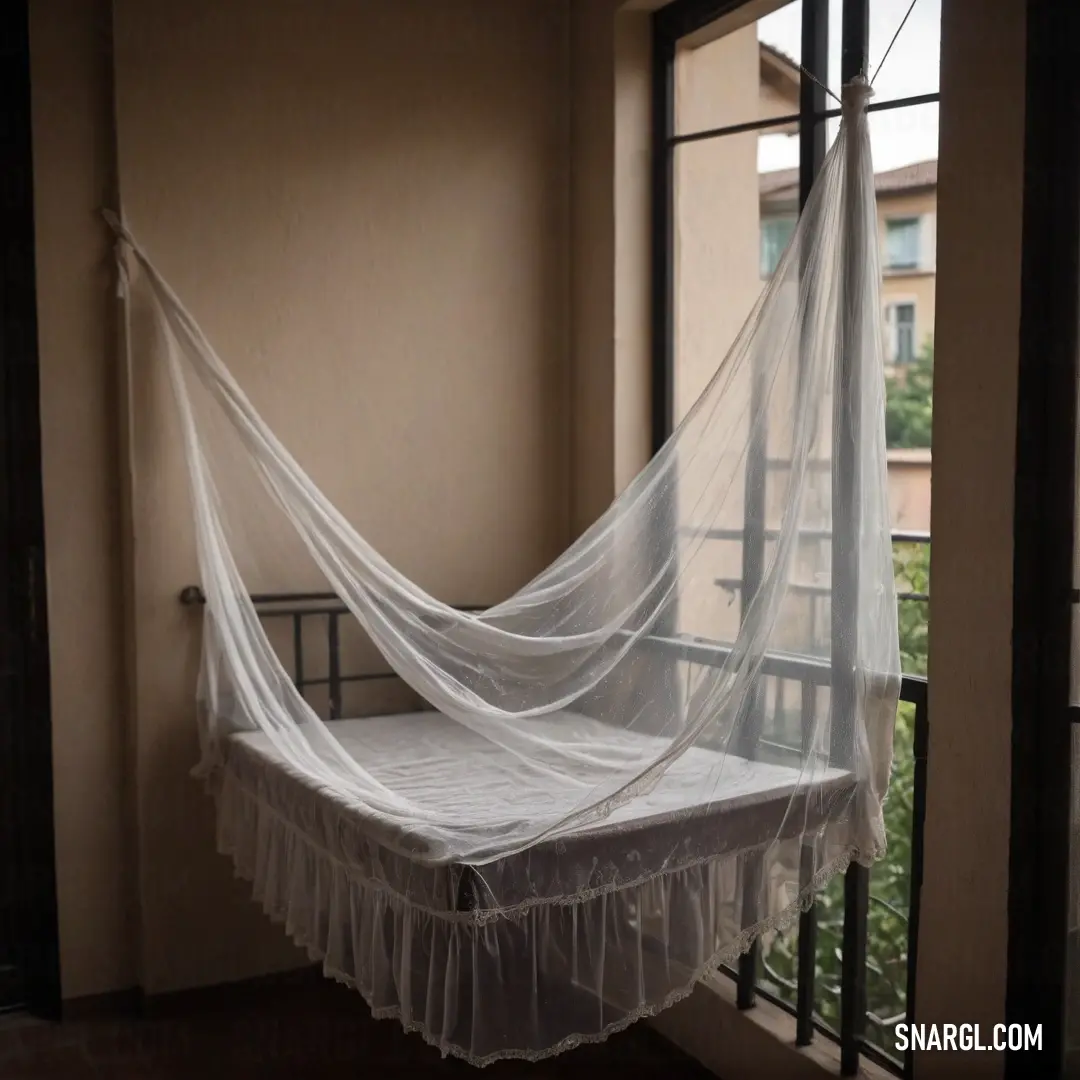 A cozy bedroom scene featuring a charming bed with a white net draped elegantly from its side, nestled by a window that opens to a balcony, exuding warmth and tranquility in soothing shades of French beige.