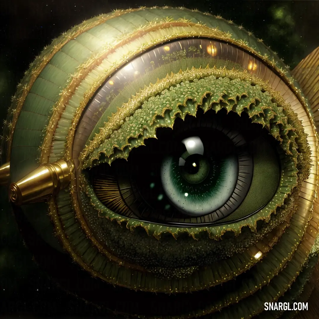 A close-up of a captivating green eye with intricate gold detailing encircling the iris, creating a striking contrast. The vibrant green color, enhanced by the reflective surface, offers an almost hypnotic effect.