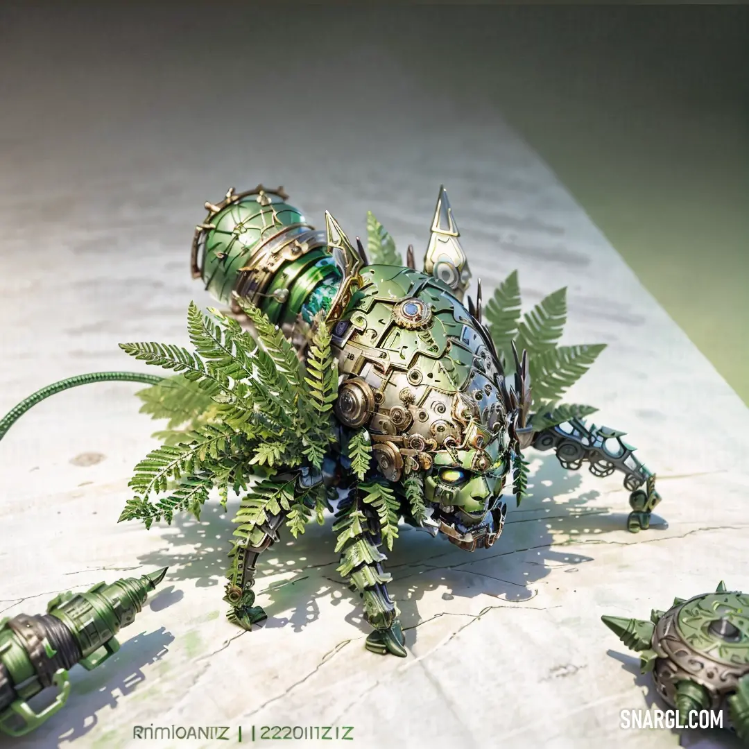 A unique green bug resting on a table, its legs adorned with tiny green plants that blend seamlessly into its natural body. The detailed plants provide a fascinating contrast against the smooth green shell of the insect.