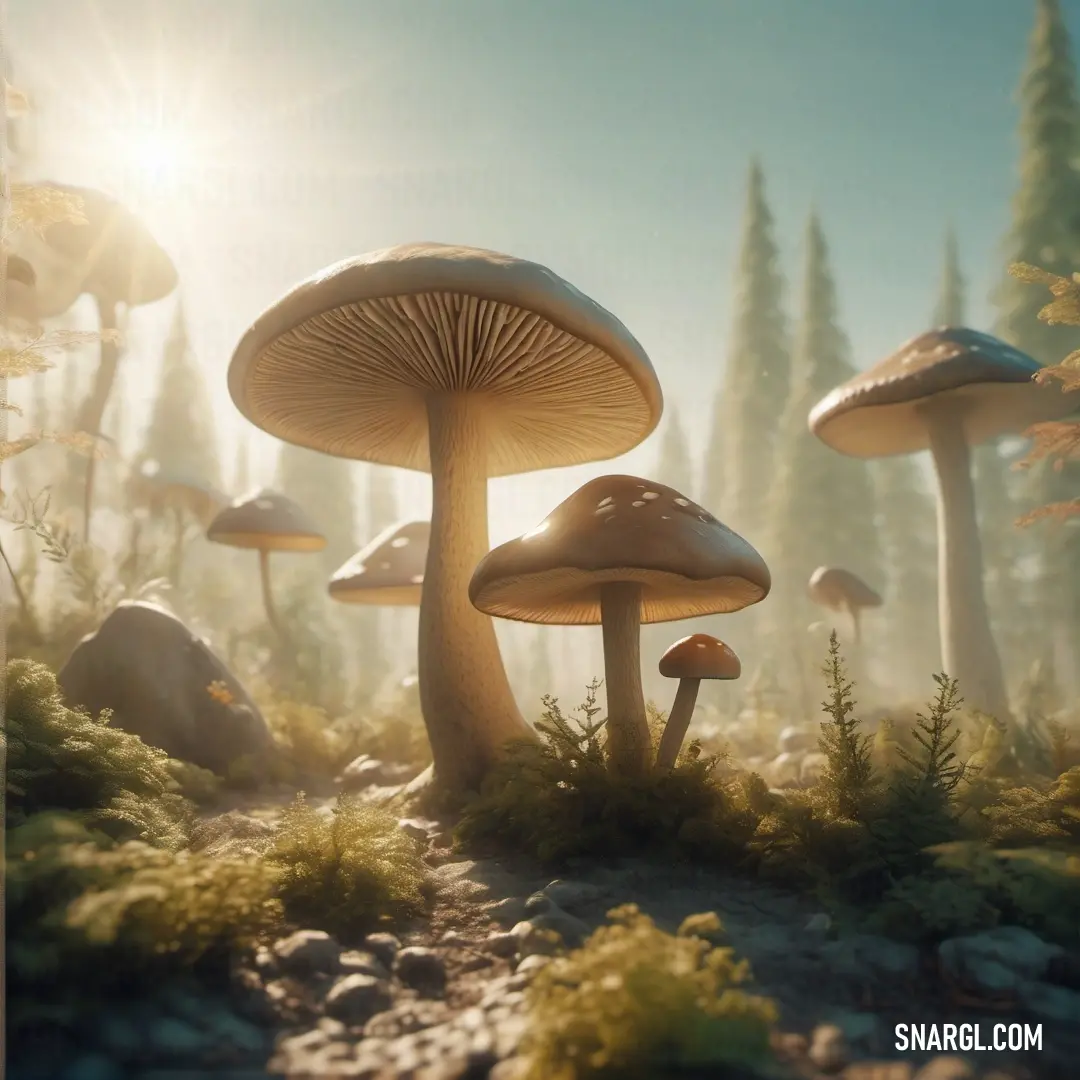 French beige color example: Group of mushrooms in a forest with sun shining through the trees and grass on the ground and rocks