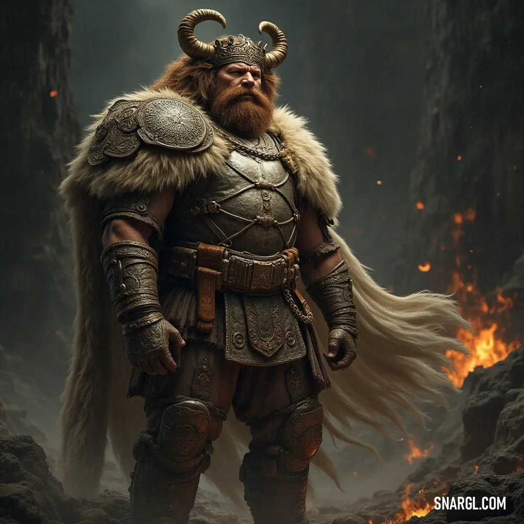 A mysterious man with horns and a flowing beard stands guard in a shadowy cave, where fiery flames flicker behind him, casting an aura of intrigue and ancient mythology.