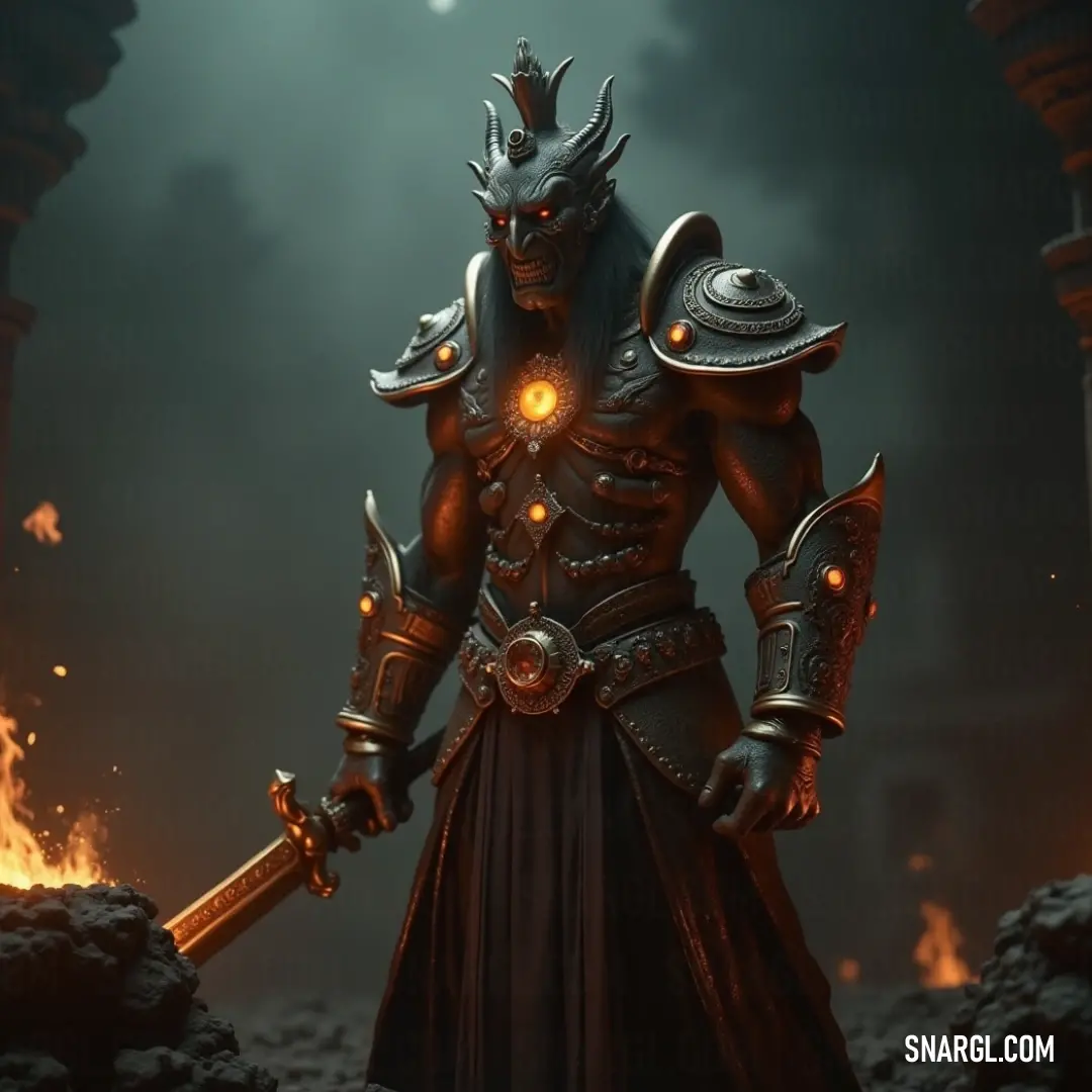 A bold figure clad in intricate armor, wielding a gleaming sword, stands defiantly in a cavern consumed by shadows, where the flickering flames create an atmosphere of suspense.