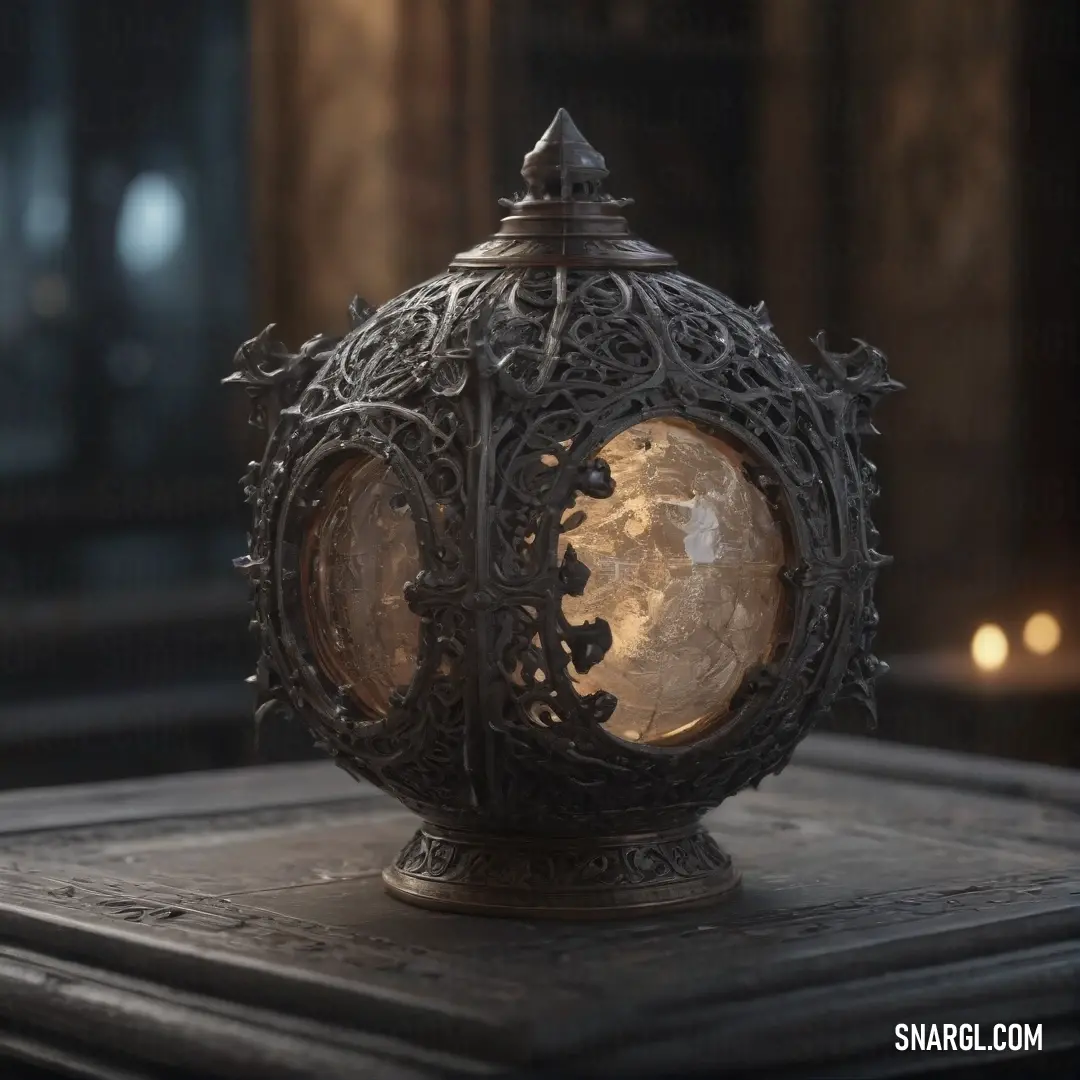 A metallic object, housing a delicate glass sphere, rests on a wooden table. The soft glow of candles in the background highlights the intricate design, blending modern craftsmanship with the warm, inviting ambiance of the room.